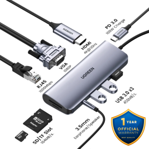 ADAPTATEUR UGREEN 80133 Multiport 10-EN-1 TYPE-C | 3xUSB 3.0 | USB-C | HDMI | RJ45 | VGA | CARTE TF/SD | AUDIO