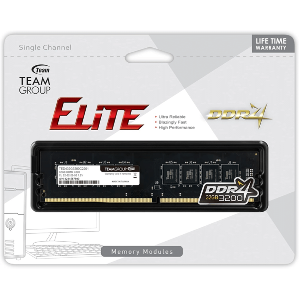 Barrette mémoire de bureau UDDIM DDR4 TEAM ELITE 32 Go 3200 CL22 (TED432G3200C2201)