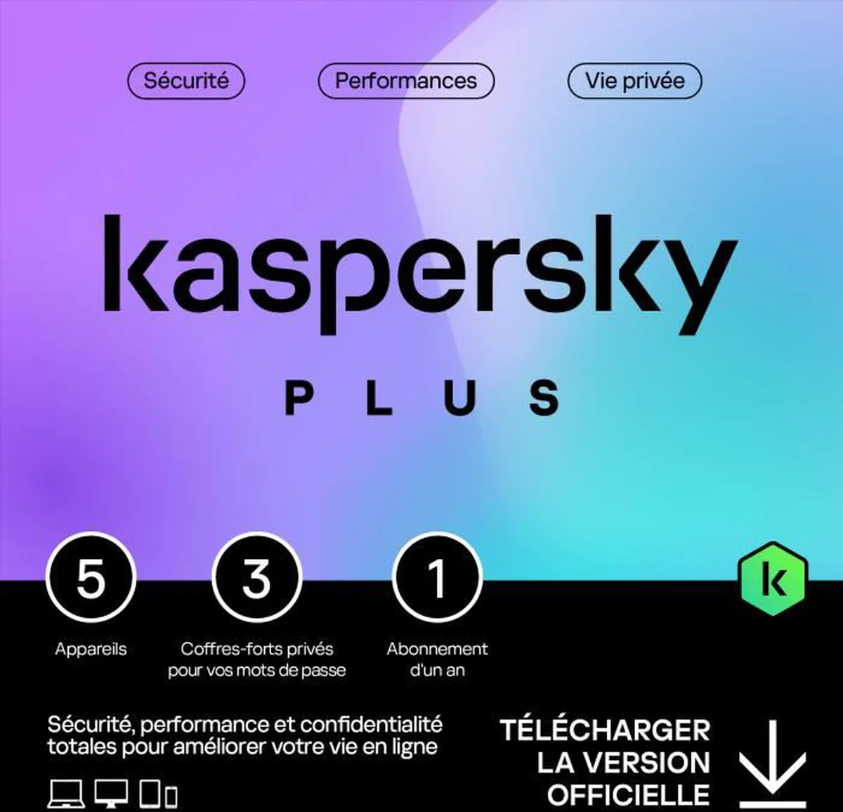 Kaspersky Plus (équivalent Internet Security) – 5 Appareils / 1 an Abonnement