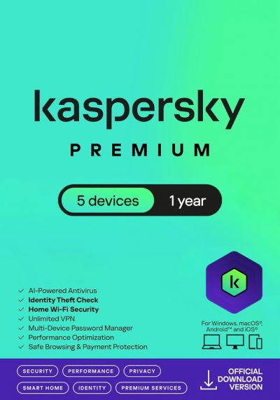 Kaspersky Premium (équivalent à Total Security) – 5 Appareils / A1 an