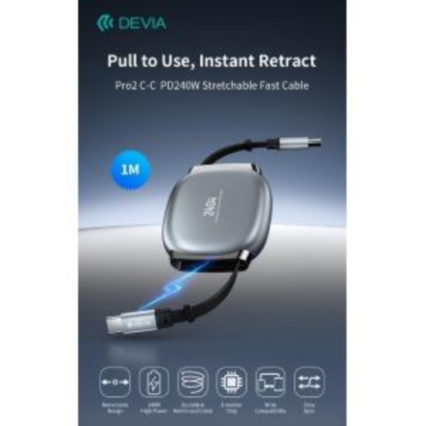 Devia Oro2 C-C PD 240W Stretchable Fast Charging Cable (1.0M) - Gray