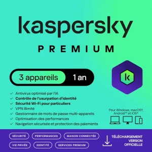 Antivirus KASPERSKY Premium 3 appareils 1 an licence digitale (KL10478BCFS-25FFPMAG)