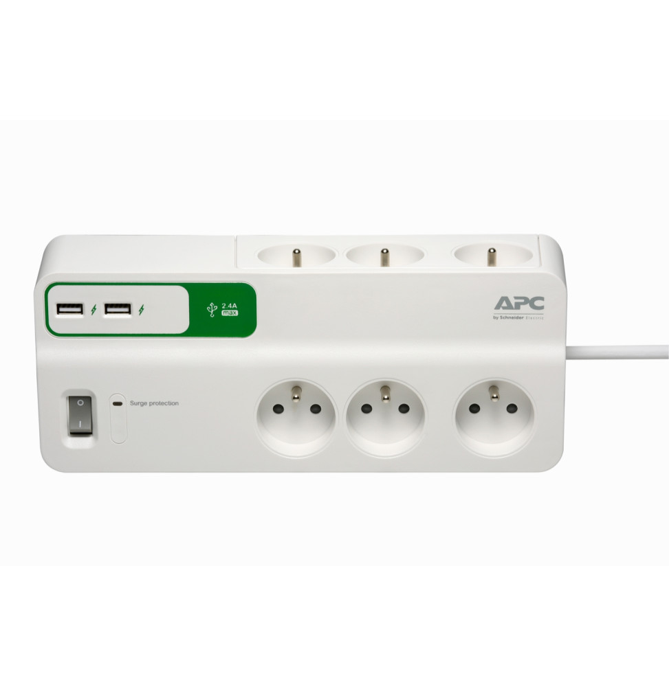 Bloc parafoudre APC Essential SurgeArrest 6 prises France 230V avec 2 ports de chargement USB