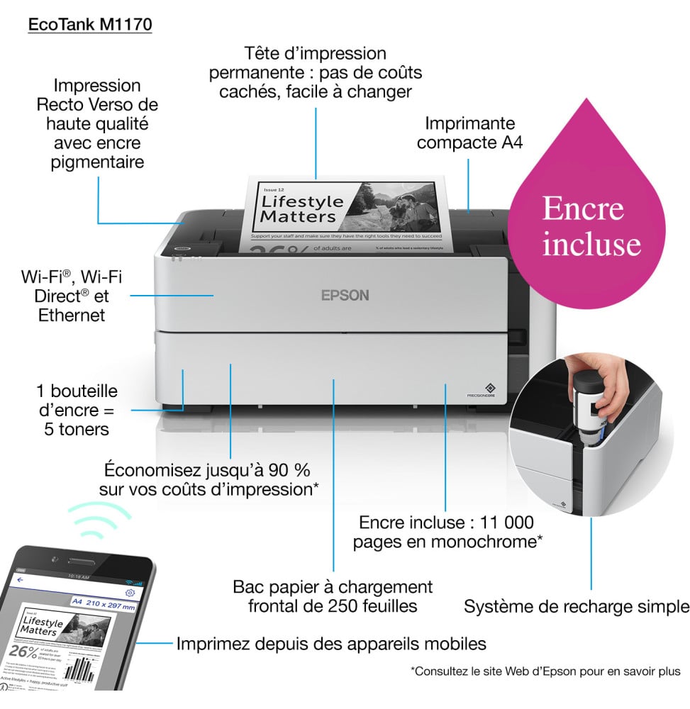 Epson EcoTank M1170 Imprimante monochrome à réservoirs rechargeables (C11CH44403) – Image 2
