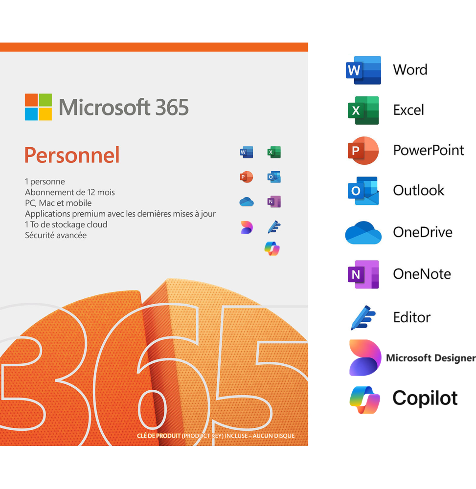 Microsoft 365 Personnel Français avec Copilot intégré - abonnement 12 mois pour 1 personne (PC, Mac, iOS et Android)