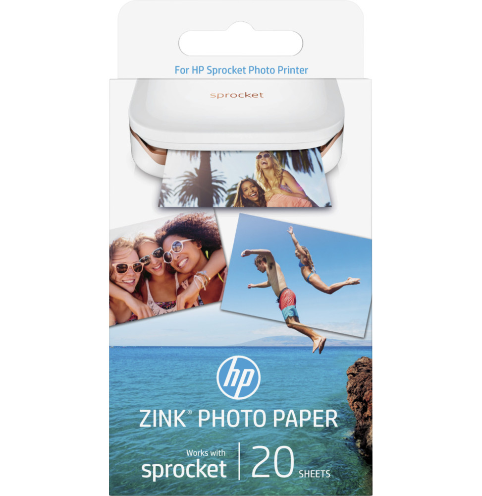 Papier photo à dos adhésif ZINK HP Sprocket, 20 feuilles, 5 x 7,6 cm (W4Z13A)