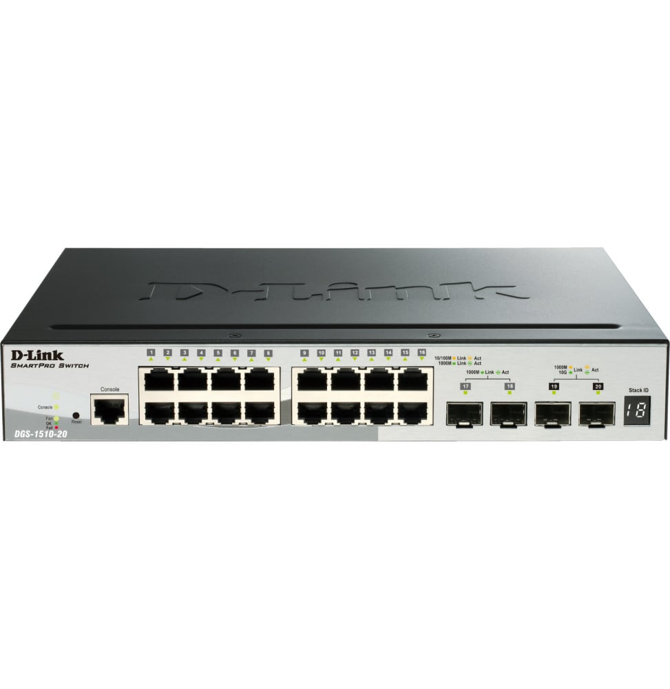 Switch Administrable empilable D-Link 16 ports 10/100/1000 Mbps, 2 ports Gigabit SFP, 2 ports 10G SFP+ (DGS-1510-20)